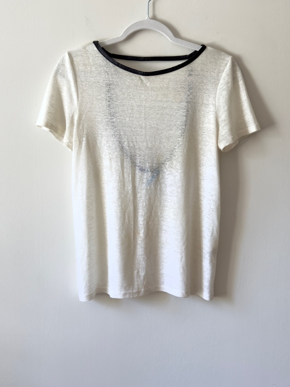 Alice + Olivia White Linen Blend Tee Leather Trim Open Back Top XS